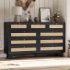 imageVIAGDO Black Rattan Dresser for Bedroom 9 Drawer Dresser with Natural Rattan Drawers Wooden Tall Dresser with Gold Handles Modern Closet Dressers Chest of Drawers for Nursery Entryway Living RoomBlack