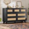 imageVIAGDO Black Rattan Dresser for Bedroom 9 Drawer Dresser with Natural Rattan Drawers Wooden Tall Dresser with Gold Handles Modern Closet Dressers Chest of Drawers for Nursery Entryway Living RoomBlack