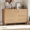 imageVIAGDO Black Rattan Dresser for Bedroom 9 Drawer Dresser with Natural Rattan Drawers Wooden Tall Dresser with Gold Handles Modern Closet Dressers Chest of Drawers for Nursery Entryway Living RoomNatural
