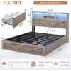 imageVIAGDO Farmhouse Bed Frame Queen Size with Bookcase Storage Headboard Charging Station and LED Lights Wooden Queen Bed Frame with 4 Drawers Barn Door Design No Box Spring Needed No Noise GreyGrey