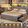 imageVIAGDO Farmhouse Bed Frame Queen Size with Bookcase Storage Headboard Charging Station and LED Lights Wooden Queen Bed Frame with 4 Drawers Barn Door Design No Box Spring Needed No Noise GreyGrey