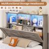 imageVIAGDO Farmhouse Bed Frame Queen Size with Bookcase Storage Headboard Charging Station and LED Lights Wooden Queen Bed Frame with 4 Drawers Barn Door Design No Box Spring Needed No Noise GreyGrey