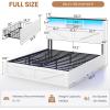 imageVIAGDO Farmhouse Bed Frame Queen Size with Bookcase Storage Headboard Charging Station and LED Lights Wooden Queen Bed Frame with 4 Drawers Barn Door Design No Box Spring Needed No Noise GreyWhite