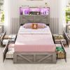 imageVIAGDO Farmhouse Bed Frame Queen Size with Bookcase Storage Headboard Charging Station and LED Lights Wooden Queen Bed Frame with 4 Drawers Barn Door Design No Box Spring Needed No Noise GreyGrey