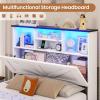 imageVIAGDO Farmhouse Bed Frame Queen Size with Bookcase Storage Headboard Charging Station and LED Lights Wooden Queen Bed Frame with 4 Drawers Barn Door Design No Box Spring Needed No Noise GreyWhite