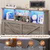 imageVIAGDO Farmhouse Bed Frame Queen Size with Bookcase Storage Headboard Charging Station and LED Lights Wooden Queen Bed Frame with 4 Drawers Barn Door Design No Box Spring Needed No Noise GreyGrey