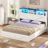 imageVIAGDO Farmhouse Bed Frame Queen Size with Bookcase Storage Headboard Charging Station and LED Lights Wooden Queen Bed Frame with 4 Drawers Barn Door Design No Box Spring Needed No Noise GreyWhite