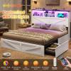 imageVIAGDO Farmhouse Bed Frame Queen Size with Bookcase Storage Headboard Charging Station and LED Lights Wooden Queen Bed Frame with 4 Drawers Barn Door Design No Box Spring Needed No Noise GreyWhite