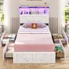 imageVIAGDO Farmhouse Bed Frame Queen Size with Bookcase Storage Headboard Charging Station and LED Lights Wooden Queen Bed Frame with 4 Drawers Barn Door Design No Box Spring Needed No Noise GreyWhite