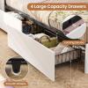 imageVIAGDO Farmhouse Bed Frame Queen Size with Bookcase Storage Headboard Charging Station and LED Lights Wooden Queen Bed Frame with 4 Drawers Barn Door Design No Box Spring Needed No Noise GreyWhite