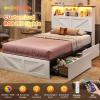 imageVIAGDO Farmhouse Bed Frame Queen Size with Bookcase Storage Headboard Charging Station and LED Lights Wooden Queen Bed Frame with 4 Drawers Barn Door Design No Box Spring Needed No Noise GreyWhite