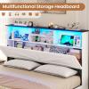 imageVIAGDO Farmhouse Bed Frame Queen Size with Bookcase Storage Headboard Charging Station and LED Lights Wooden Queen Bed Frame with 4 Drawers Barn Door Design No Box Spring Needed No Noise GreyWhite
