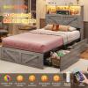 imageVIAGDO Farmhouse Bed Frame Queen Size with Bookcase Storage Headboard Charging Station and LED Lights Wooden Queen Bed Frame with 4 Drawers Barn Door Design No Box Spring Needed No Noise GreyGrey