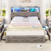 imageVIAGDO Farmhouse Bed Frame Queen Size with Bookcase Storage Headboard Charging Station and LED Lights Wooden Queen Bed Frame with 4 Drawers Barn Door Design No Box Spring Needed No Noise GreyGrey