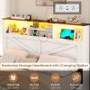 imageVIAGDO Farmhouse Bed Frame Queen Size with Bookcase Storage Headboard Charging Station and LED Lights Wooden Queen Bed Frame with 4 Drawers Barn Door Design No Box Spring Needed No Noise GreyWhite