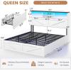 imageVIAGDO Farmhouse Bed Frame Queen Size with Bookcase Storage Headboard Charging Station and LED Lights Wooden Queen Bed Frame with 4 Drawers Barn Door Design No Box Spring Needed No Noise GreyWhite