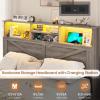 imageVIAGDO Farmhouse Bed Frame Queen Size with Bookcase Storage Headboard Charging Station and LED Lights Wooden Queen Bed Frame with 4 Drawers Barn Door Design No Box Spring Needed No Noise GreyGrey