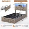 imageVIAGDO Farmhouse Bed Frame Queen Size with Bookcase Storage Headboard Charging Station and LED Lights Wooden Queen Bed Frame with 4 Drawers Barn Door Design No Box Spring Needed No Noise GreyGrey