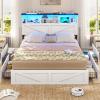 imageVIAGDO Farmhouse Bed Frame Queen Size with Bookcase Storage Headboard Charging Station and LED Lights Wooden Queen Bed Frame with 4 Drawers Barn Door Design No Box Spring Needed No Noise GreyWhite