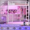 imageVIAGDO Loft Bed with Desk with Charging Station ampamp LED Lights Loft Bed Twin Size with Storage ShelvesClothing Rail Metal Twin Loft Bed with Safety Guard ampamp Ladder No Box Spring Needed WhiteWhite