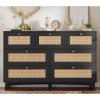 imageVIAGDO Black Rattan Dresser for Bedroom 9 Drawer Dresser with Natural Rattan Drawers Wooden Tall Dresser with Gold Handles Modern Closet Dressers Chest of Drawers for Nursery Entryway Living RoomBlack
