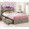 imageVIAGDO Farmhouse Bed Frame Queen Size with Bookcase Storage Headboard Charging Station and LED Lights Wooden Queen Bed Frame with 4 Drawers Barn Door Design No Box Spring Needed No Noise GreyGrey