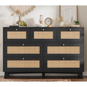 imageVIAGDO Black Rattan Dresser for Bedroom 9 Drawer Dresser with Natural Rattan Drawers Wooden Tall Dresser with Gold Handles Modern Closet Dressers Chest of Drawers for Nursery Entryway Living RoomBlack