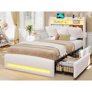 imageVIAGDO Boucle Bed Frame Full Size with Storage Headboard Charging Station and LED Lights Upholstered Full Cloud Bed Frame with 4 Drawers Soft Marshmallow Bed Frame No Box Spring Needed CreamCream
