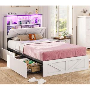 imageVIAGDO Farmhouse Bed Frame Queen Size with Bookcase Storage Headboard Charging Station and LED Lights Wooden Queen Bed Frame with 4 Drawers Barn Door Design No Box Spring Needed No Noise GreyWhite
