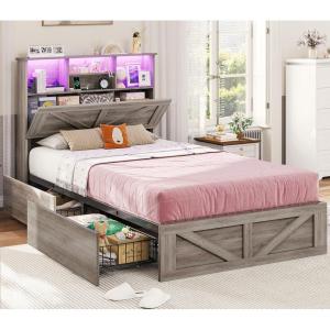 imageVIAGDO Farmhouse Bed Frame Queen Size with Bookcase Storage Headboard Charging Station and LED Lights Wooden Queen Bed Frame with 4 Drawers Barn Door Design No Box Spring Needed No Noise GreyGrey