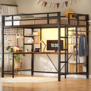 imageVIAGDO Loft Bed with Desk with Charging Station ampamp LED Lights Loft Bed Twin Size with Storage ShelvesClothing Rail Metal Twin Loft Bed with Safety Guard ampamp Ladder No Box Spring Needed WhiteBlack