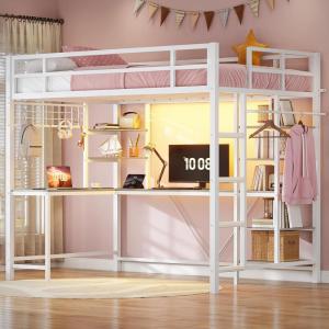 imageVIAGDO Loft Bed with Desk with Charging Station ampamp LED Lights Loft Bed Twin Size with Storage ShelvesClothing Rail Metal Twin Loft Bed with Safety Guard ampamp Ladder No Box Spring Needed WhiteWhite