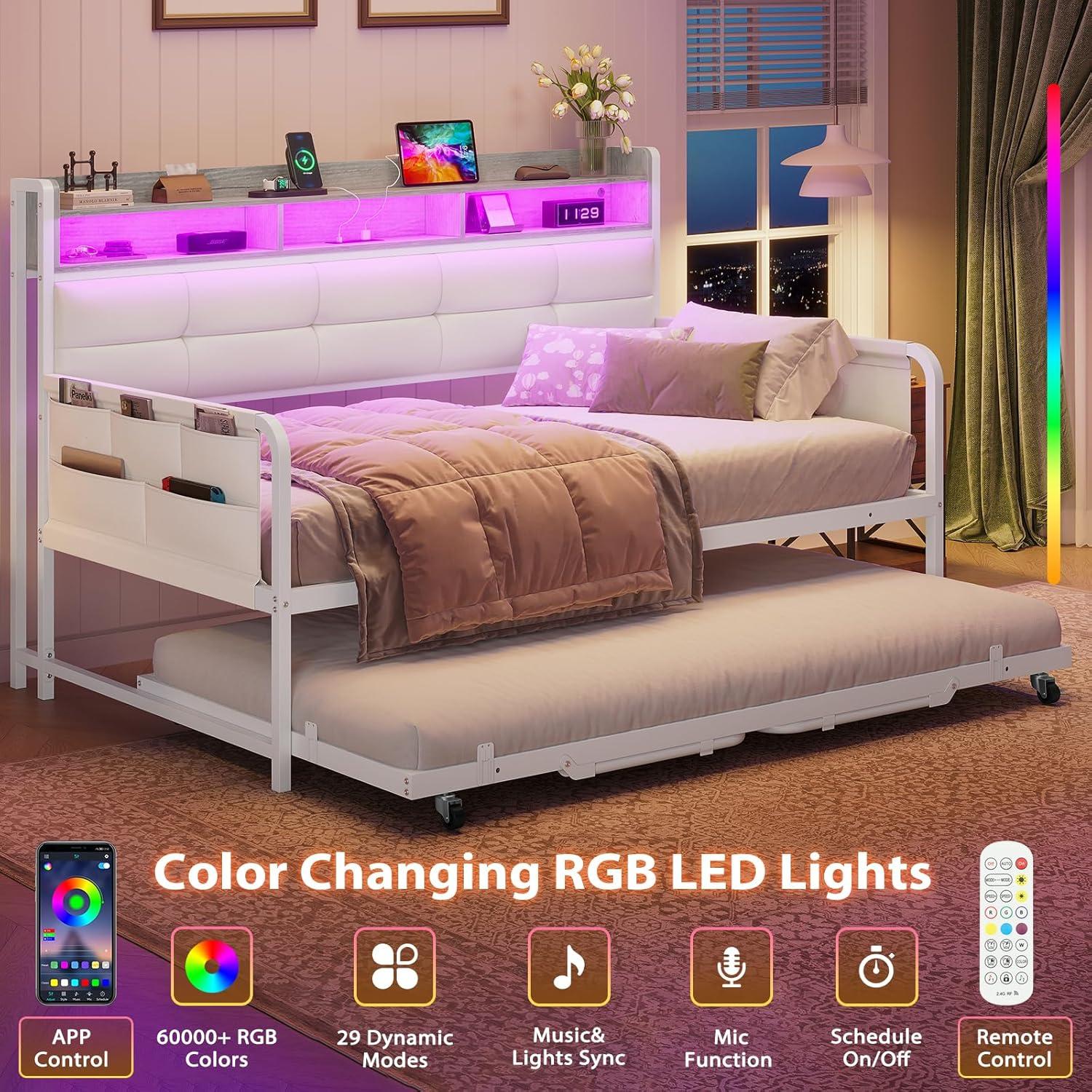 imageVIAGDO Daybed with 2 Drawers Twin Day Bed with Upholstered Headboard and Charging Station Metal Day Bed Frame with Storage and LED Lights Twin Daybed for Living Room Bedroom Guest Room WhiteWhite