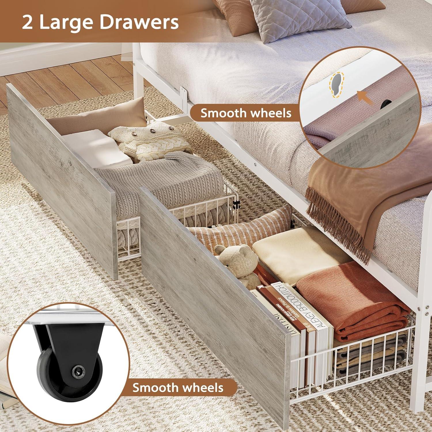 imageVIAGDO Daybed with 2 Drawers Twin Day Bed with Upholstered Headboard and Charging Station Metal Day Bed Frame with Storage and LED Lights Twin Daybed for Living Room Bedroom Guest Room WhiteWhite