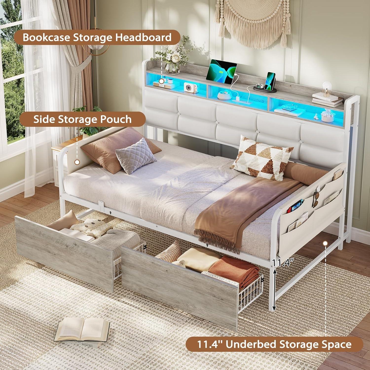 imageVIAGDO Daybed with 2 Drawers Twin Day Bed with Upholstered Headboard and Charging Station Metal Day Bed Frame with Storage and LED Lights Twin Daybed for Living Room Bedroom Guest Room WhiteWhite