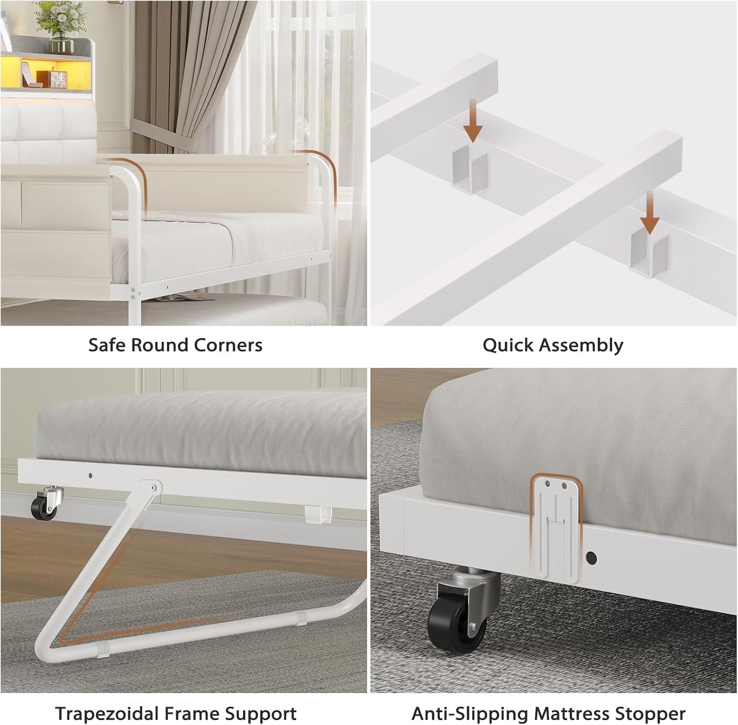 imageVIAGDO Daybed with 2 Drawers Twin Day Bed with Upholstered Headboard and Charging Station Metal Day Bed Frame with Storage and LED Lights Twin Daybed for Living Room Bedroom Guest Room WhiteWhite