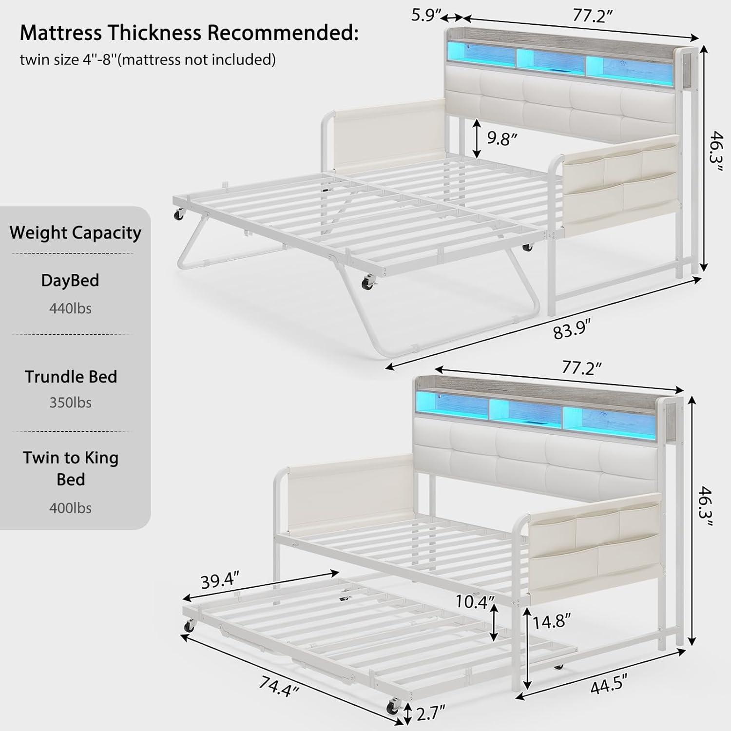 imageVIAGDO Daybed with 2 Drawers Twin Day Bed with Upholstered Headboard and Charging Station Metal Day Bed Frame with Storage and LED Lights Twin Daybed for Living Room Bedroom Guest Room WhiteWhite