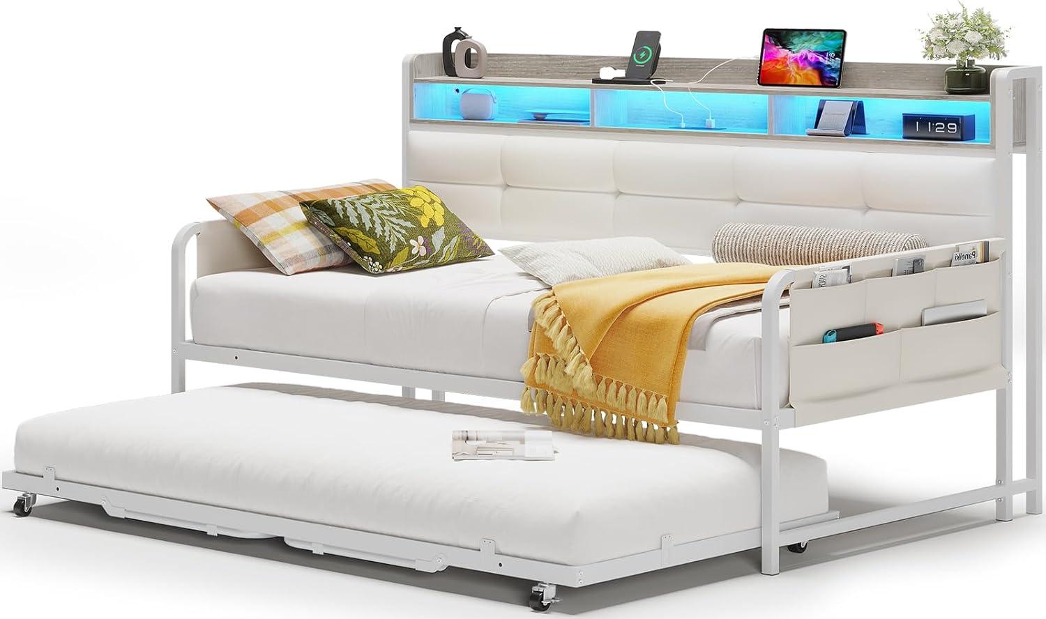 imageVIAGDO Daybed with 2 Drawers Twin Day Bed with Upholstered Headboard and Charging Station Metal Day Bed Frame with Storage and LED Lights Twin Daybed for Living Room Bedroom Guest Room WhiteWhite