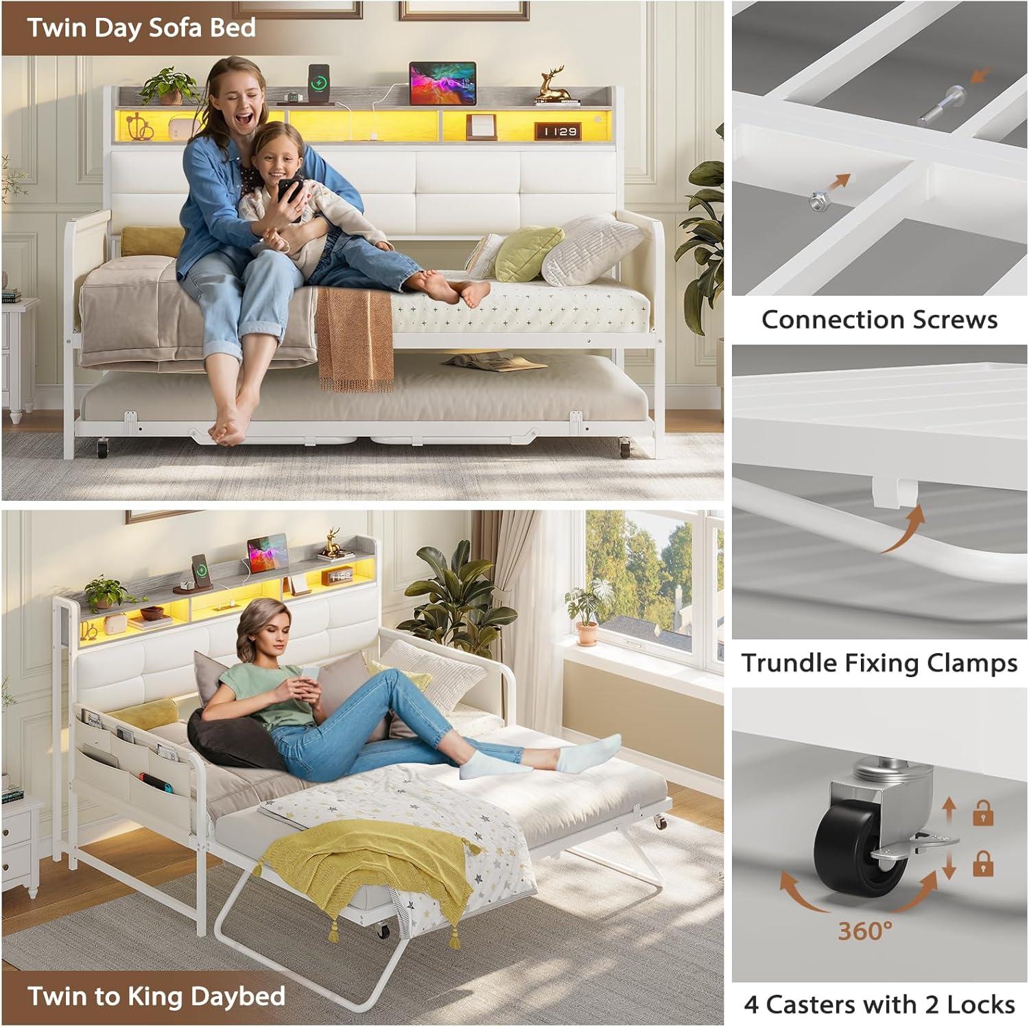 imageVIAGDO Daybed with 2 Drawers Twin Day Bed with Upholstered Headboard and Charging Station Metal Day Bed Frame with Storage and LED Lights Twin Daybed for Living Room Bedroom Guest Room WhiteWhite