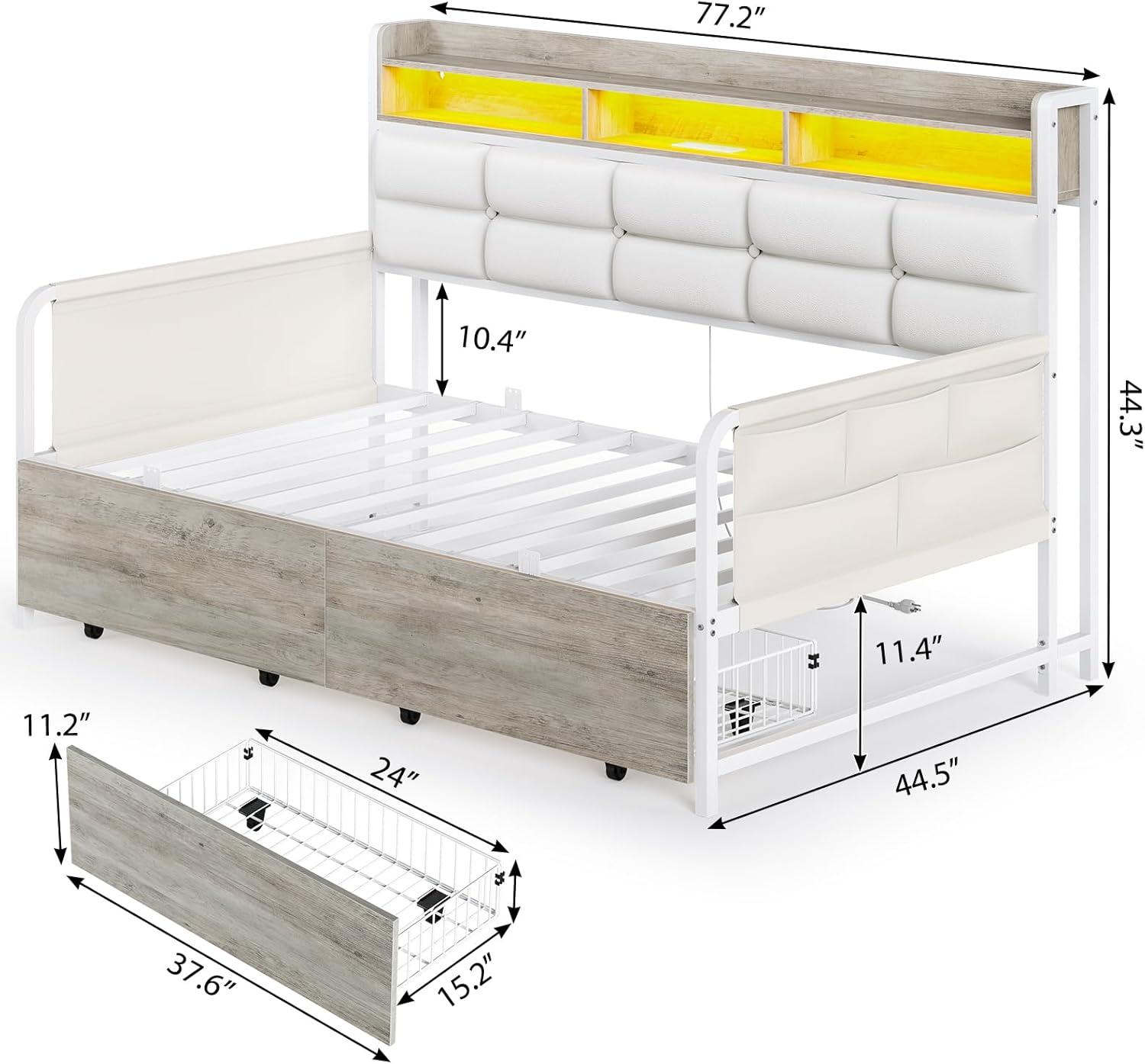 imageVIAGDO Daybed with 2 Drawers Twin Day Bed with Upholstered Headboard and Charging Station Metal Day Bed Frame with Storage and LED Lights Twin Daybed for Living Room Bedroom Guest Room WhiteWhite