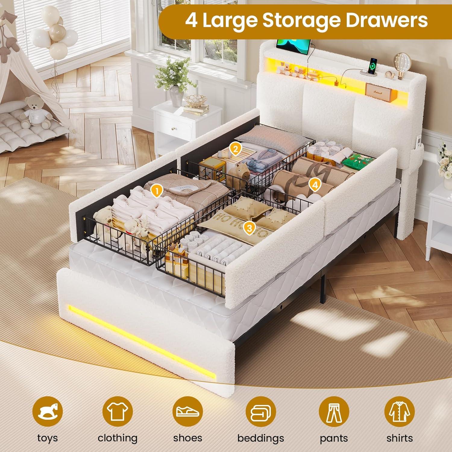 imageVIAGDO Full Size Bed Frame with Storage Headboard and Charging Station Leather Upholstered Bed Frame Full Size with 4 Drawers and LED Lights Type C and USB No Box Spring Needed BlackCream