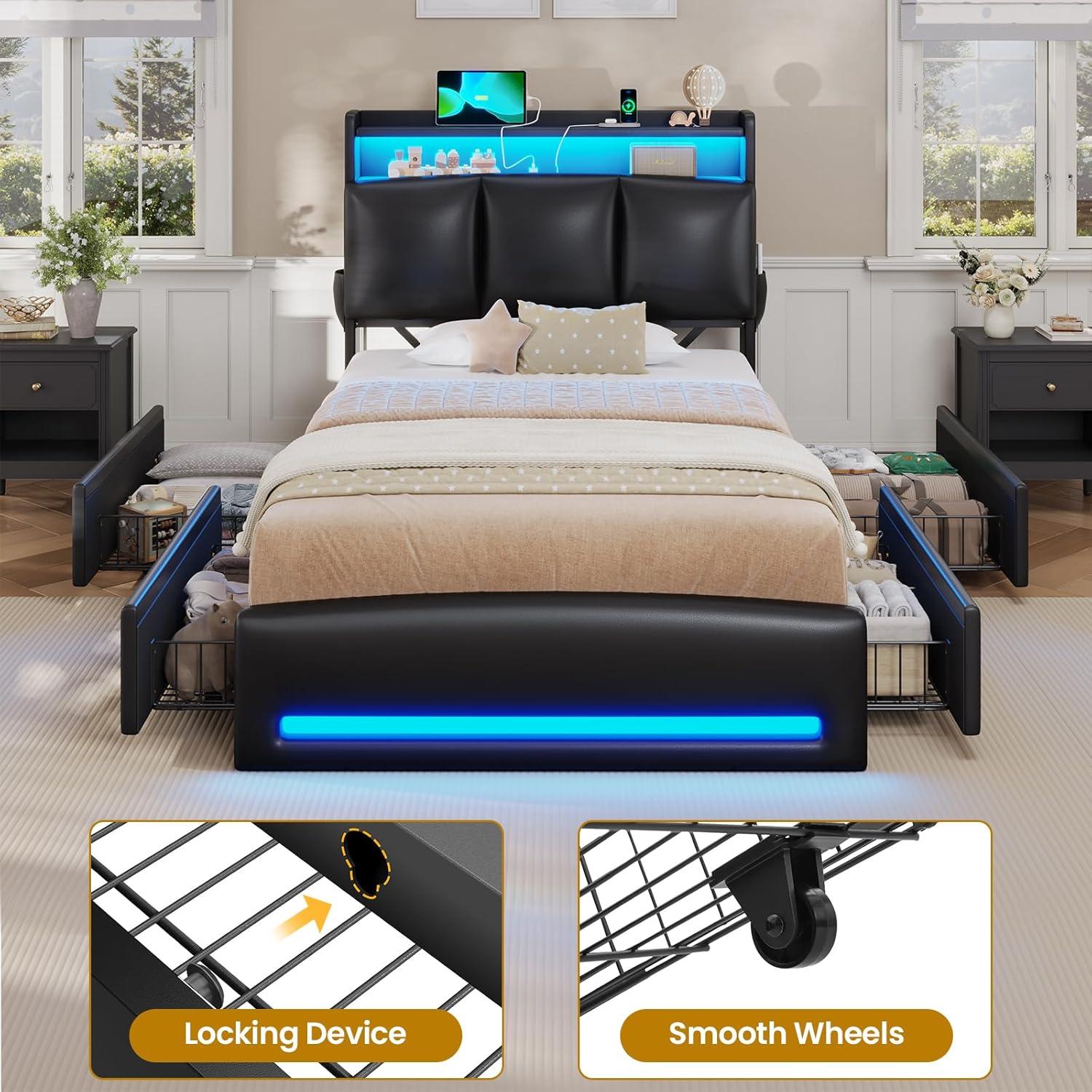 imageVIAGDO Full Size Bed Frame with Storage Headboard and Charging Station Leather Upholstered Bed Frame Full Size with 4 Drawers and LED Lights Type C and USB No Box Spring Needed BlackBlack
