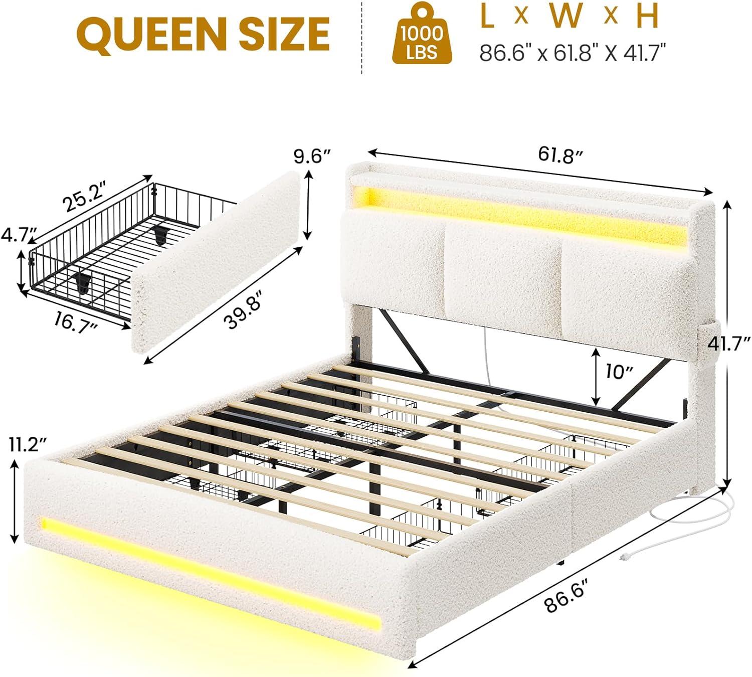 imageVIAGDO Full Size Bed Frame with Storage Headboard and Charging Station Leather Upholstered Bed Frame Full Size with 4 Drawers and LED Lights Type C and USB No Box Spring Needed BlackCream