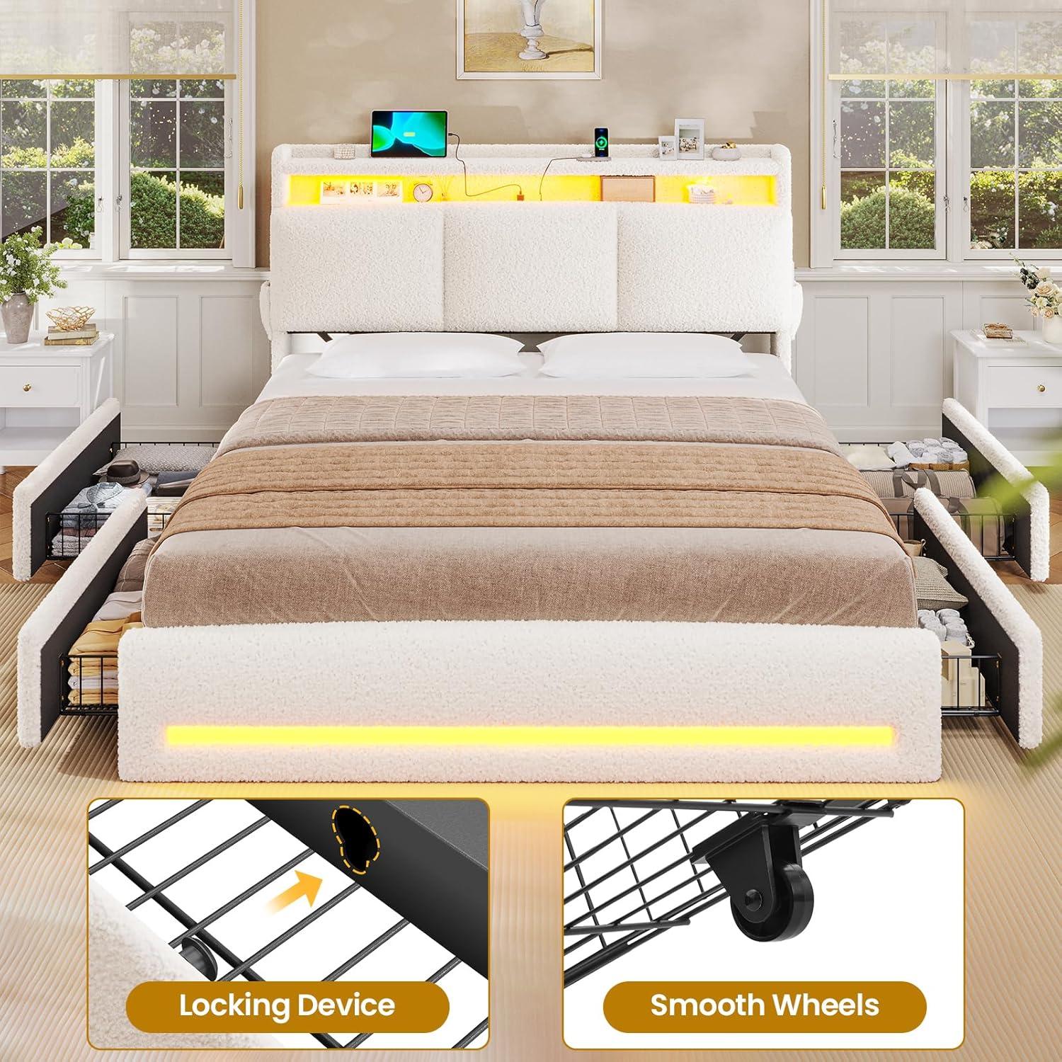 imageVIAGDO Full Size Bed Frame with Storage Headboard and Charging Station Leather Upholstered Bed Frame Full Size with 4 Drawers and LED Lights Type C and USB No Box Spring Needed BlackCream