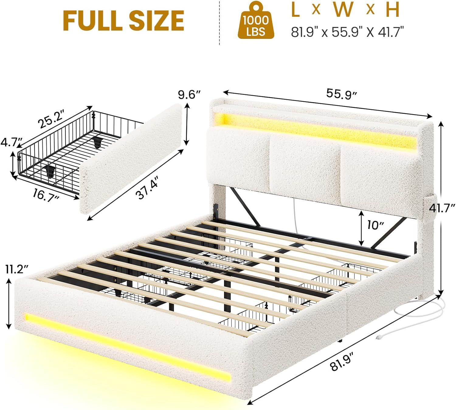 imageVIAGDO Full Size Bed Frame with Storage Headboard and Charging Station Leather Upholstered Bed Frame Full Size with 4 Drawers and LED Lights Type C and USB No Box Spring Needed BlackCream