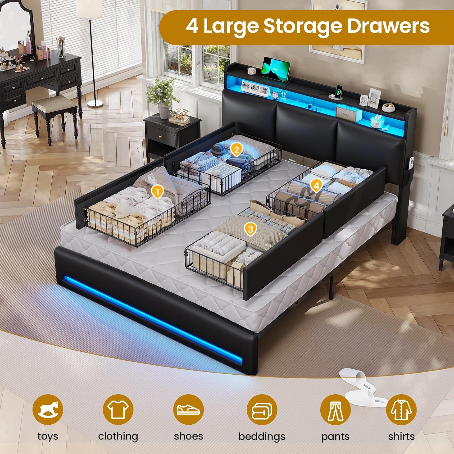 imageVIAGDO Full Size Bed Frame with Storage Headboard and Charging Station Leather Upholstered Bed Frame Full Size with 4 Drawers and LED Lights Type C and USB No Box Spring Needed BlackBlack