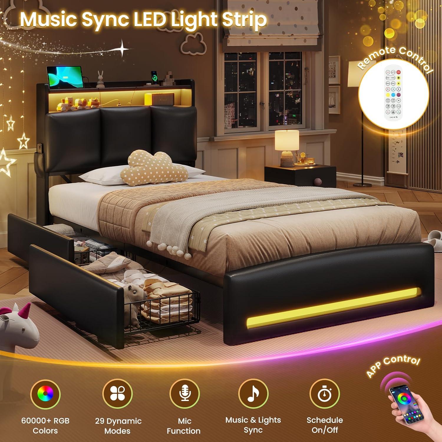 imageVIAGDO Full Size Bed Frame with Storage Headboard and Charging Station Leather Upholstered Bed Frame Full Size with 4 Drawers and LED Lights Type C and USB No Box Spring Needed BlackBlack