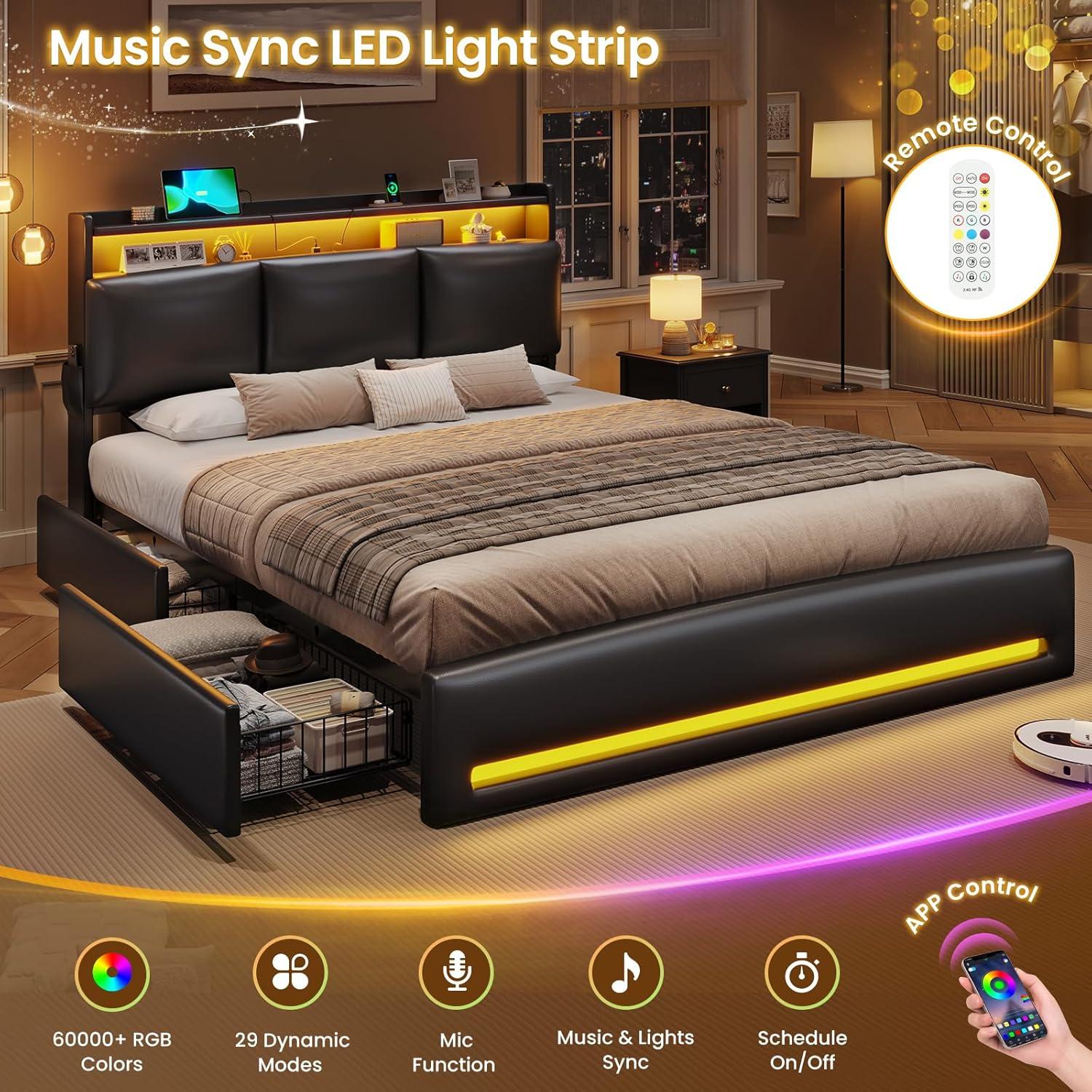 imageVIAGDO Full Size Bed Frame with Storage Headboard and Charging Station Leather Upholstered Bed Frame Full Size with 4 Drawers and LED Lights Type C and USB No Box Spring Needed BlackBlack