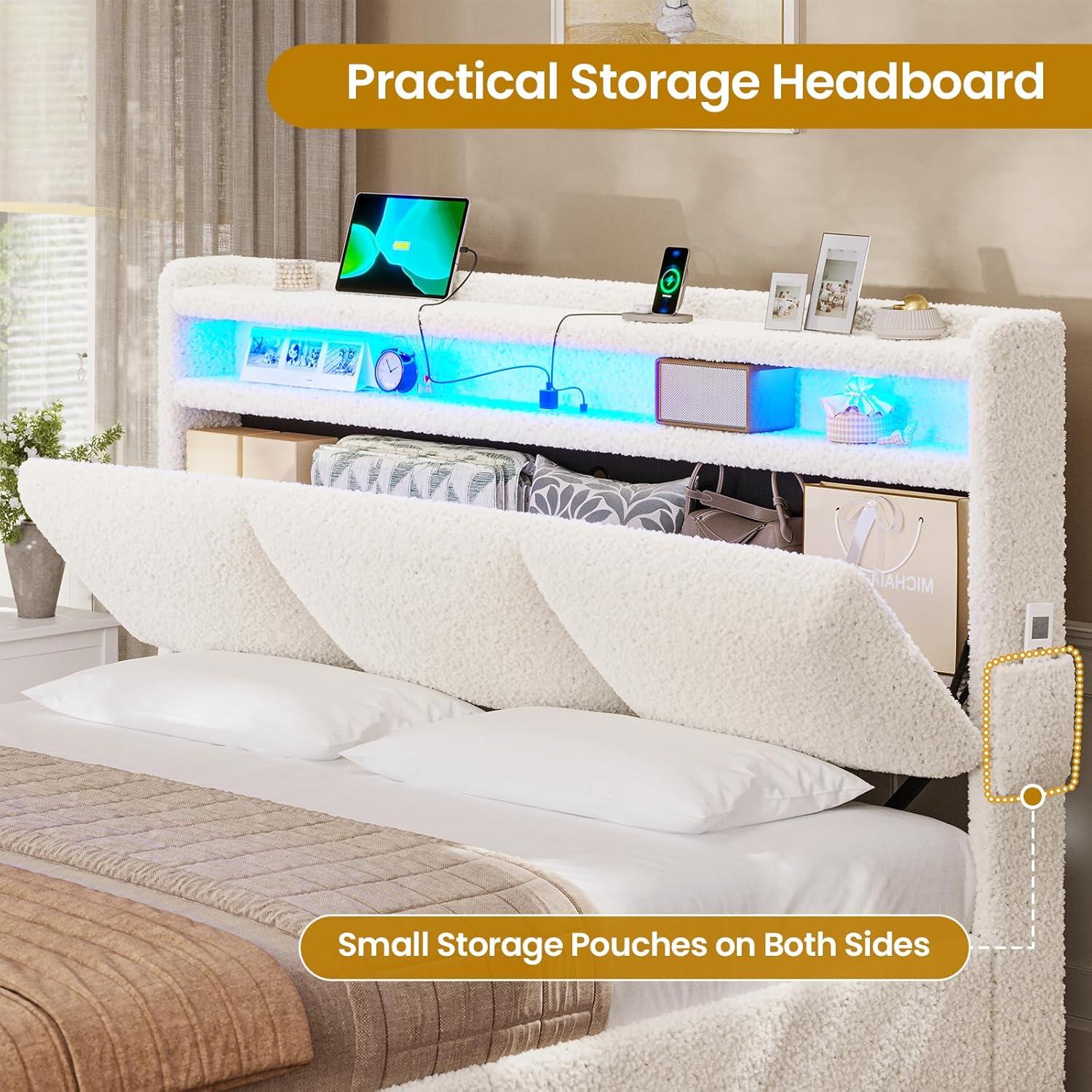 imageVIAGDO Full Size Bed Frame with Storage Headboard and Charging Station Leather Upholstered Bed Frame Full Size with 4 Drawers and LED Lights Type C and USB No Box Spring Needed BlackCream