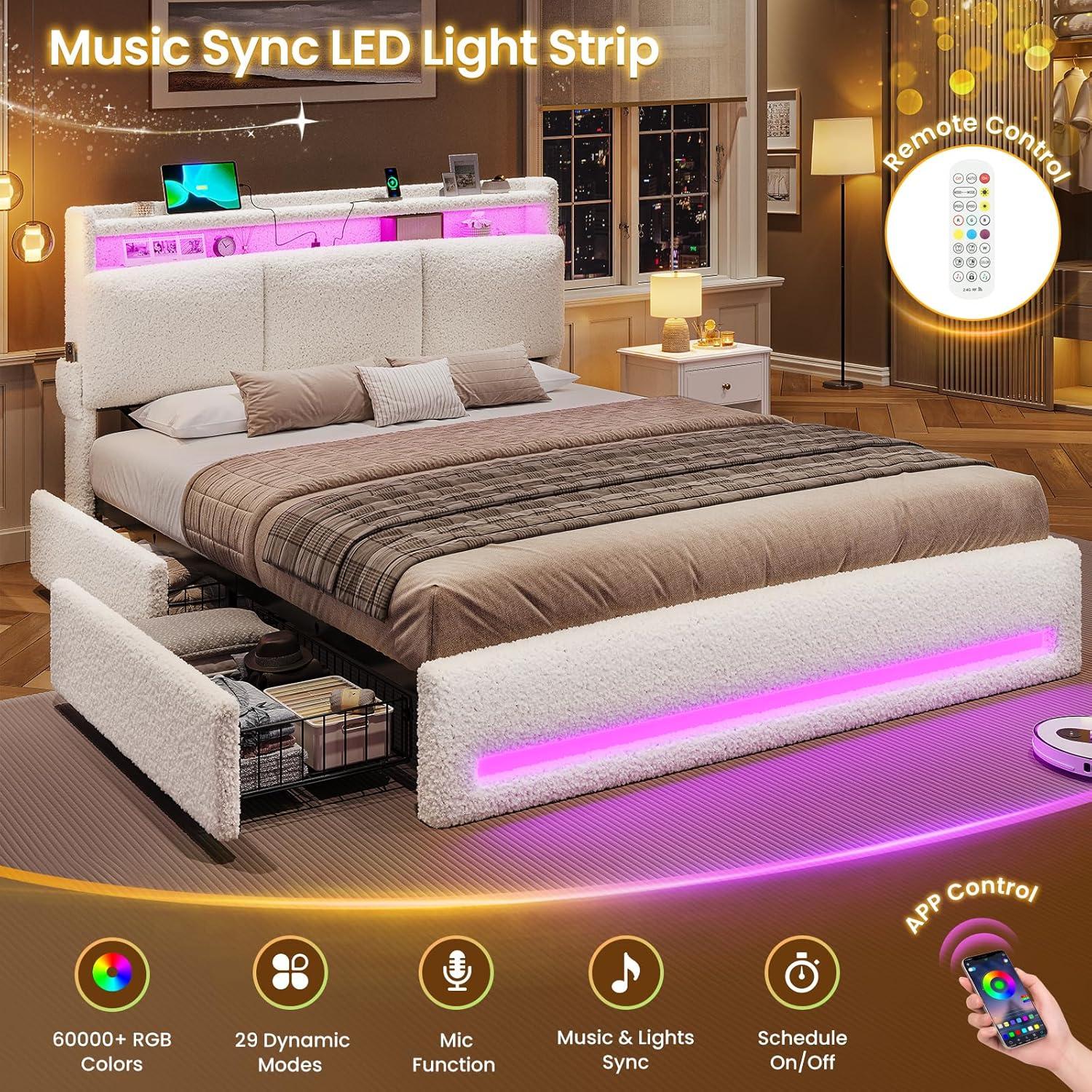 imageVIAGDO Full Size Bed Frame with Storage Headboard and Charging Station Leather Upholstered Bed Frame Full Size with 4 Drawers and LED Lights Type C and USB No Box Spring Needed BlackCream